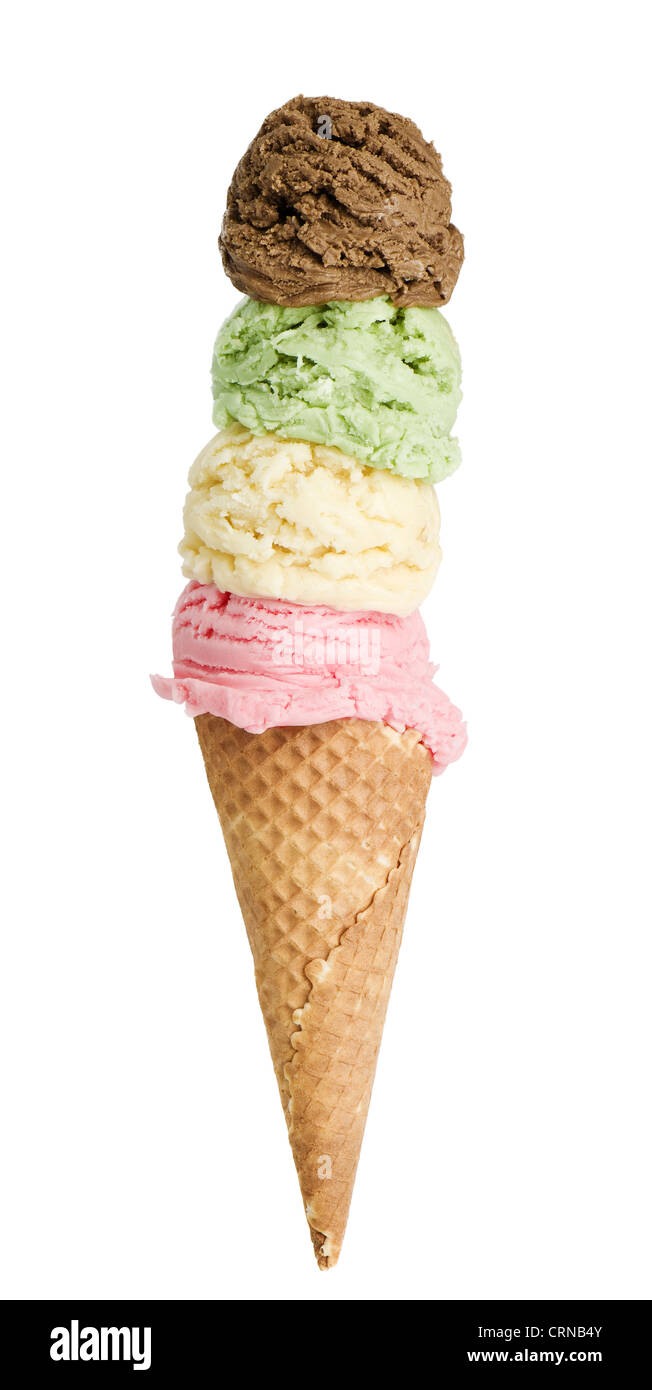 Wafer cone with four scoops of ice cream, strawberry, vanilla, mint and chocolate on white background Stock Photo