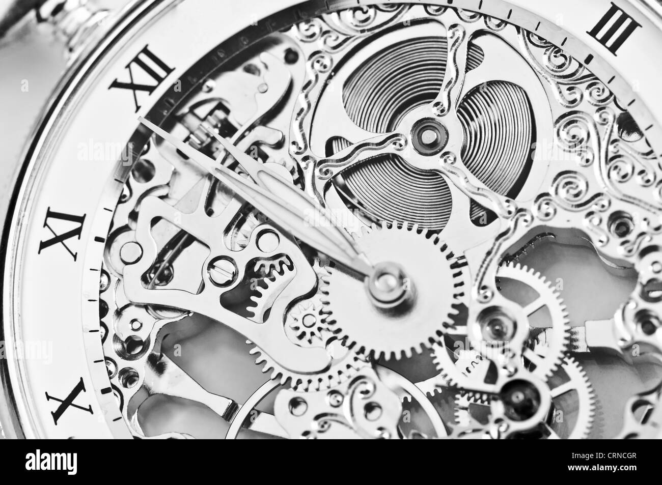 black and white close view of watch mechanism Stock Photo