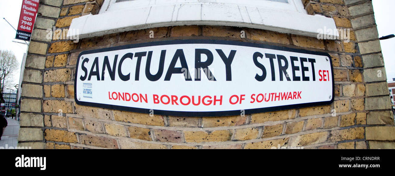 Sanctuary Street SE1 road sign in the London Borough of Southwark. Stock Photo