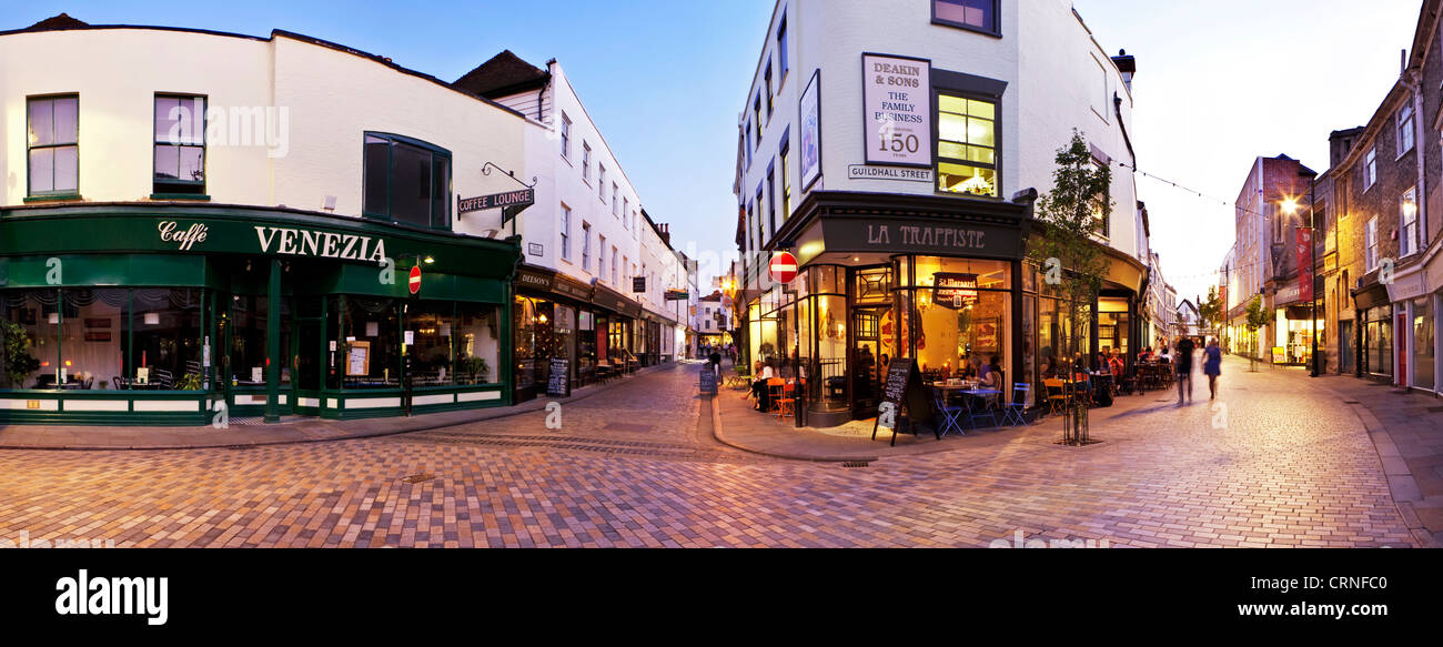 A panoramic view of restaurants, cafes and cobbled streets in Canterbury. Stock Photo