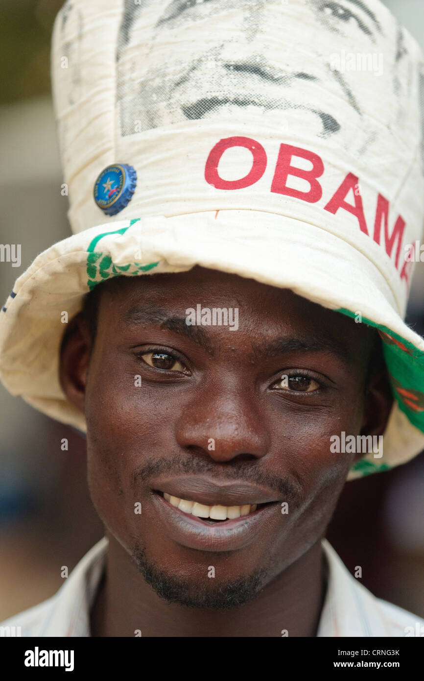 Man wearing Obama hat in Accra, Ghana Stock Photo