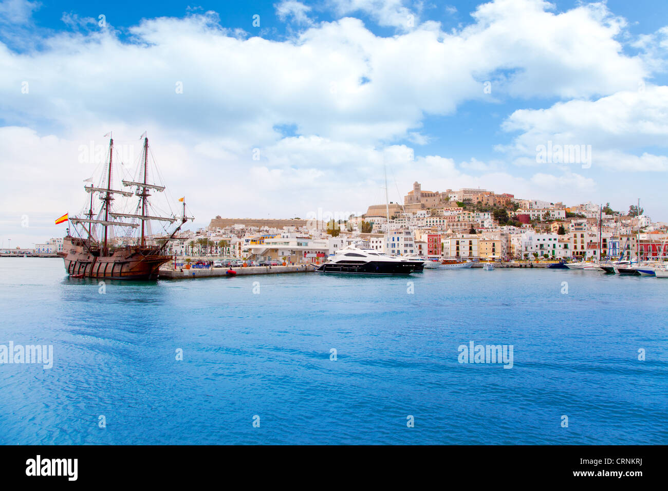 Eivissa ibiza town with old classic wooden corsair boat Stock Photo