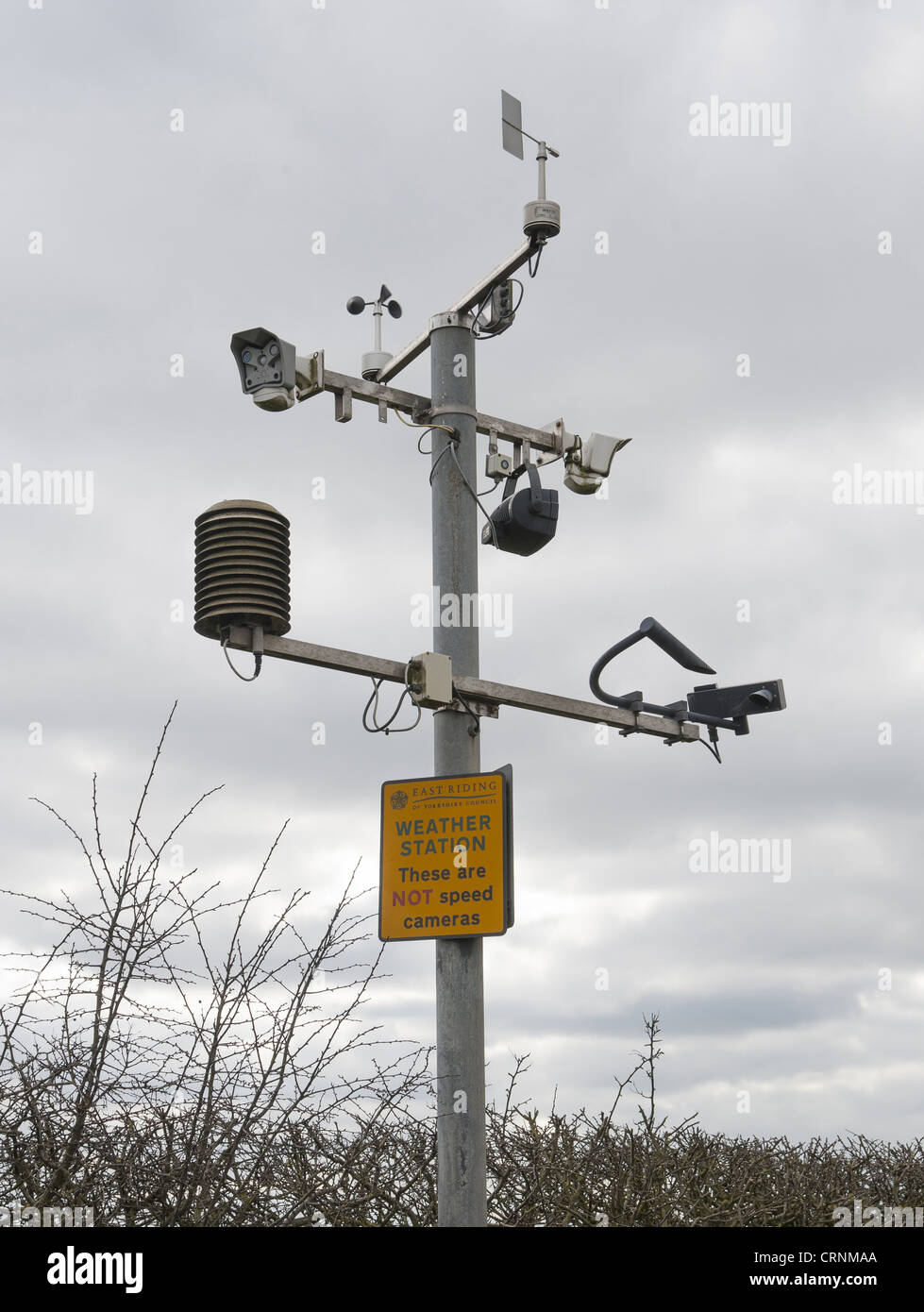 Weather station with 'These are not speed cameras' sign, Garrowby Hill, Garrowby, East Yorkshire, England, march Stock Photo