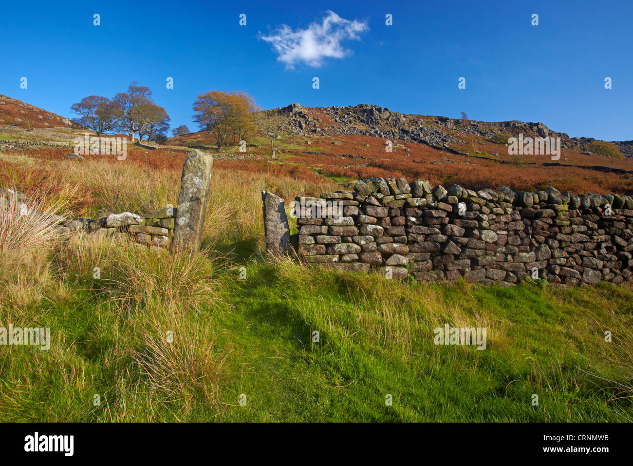 Path through drystone wall leading up to the gritstone escarpment of Baslow Edge above the village of Curbar in the Peak Distric Stock Photo