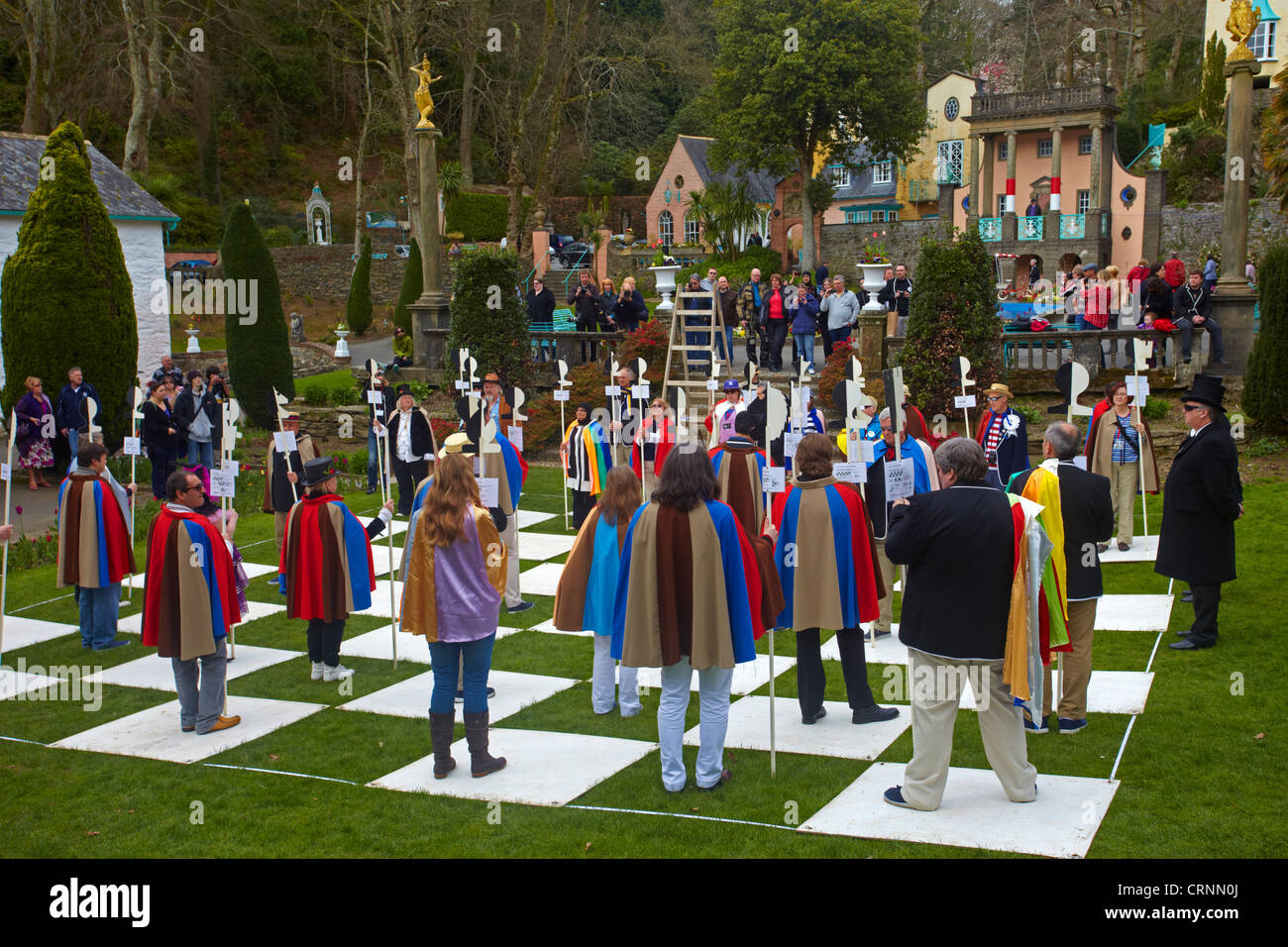 Reenactment of a chess scene from the cult 1960s television show 'The Prisoner' filmed in the 1960's in the popular Italian styl Stock Photo