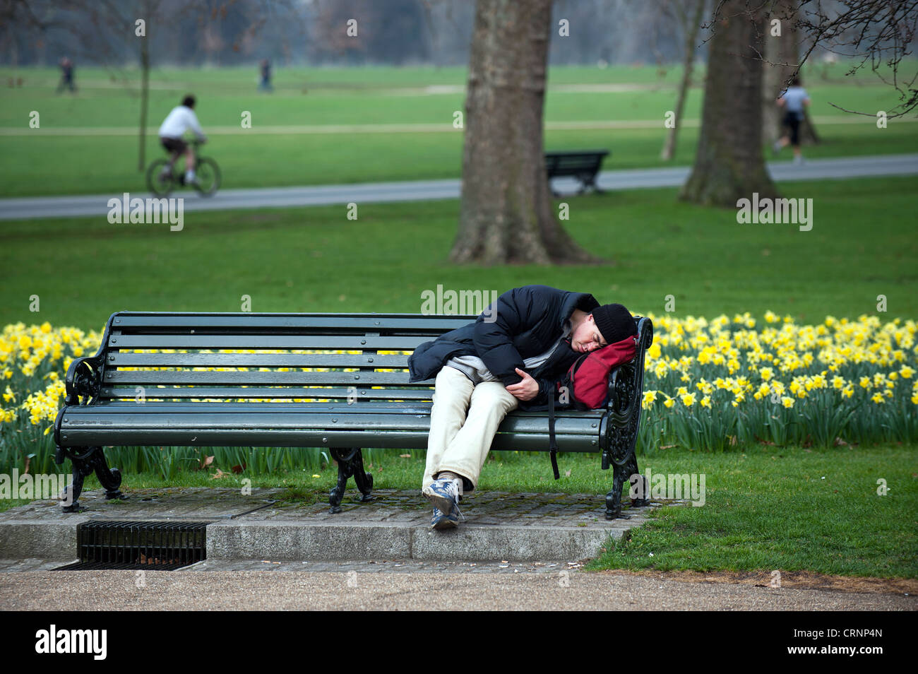 A man sleeping on a bench in Hyde Park. Stock Photo