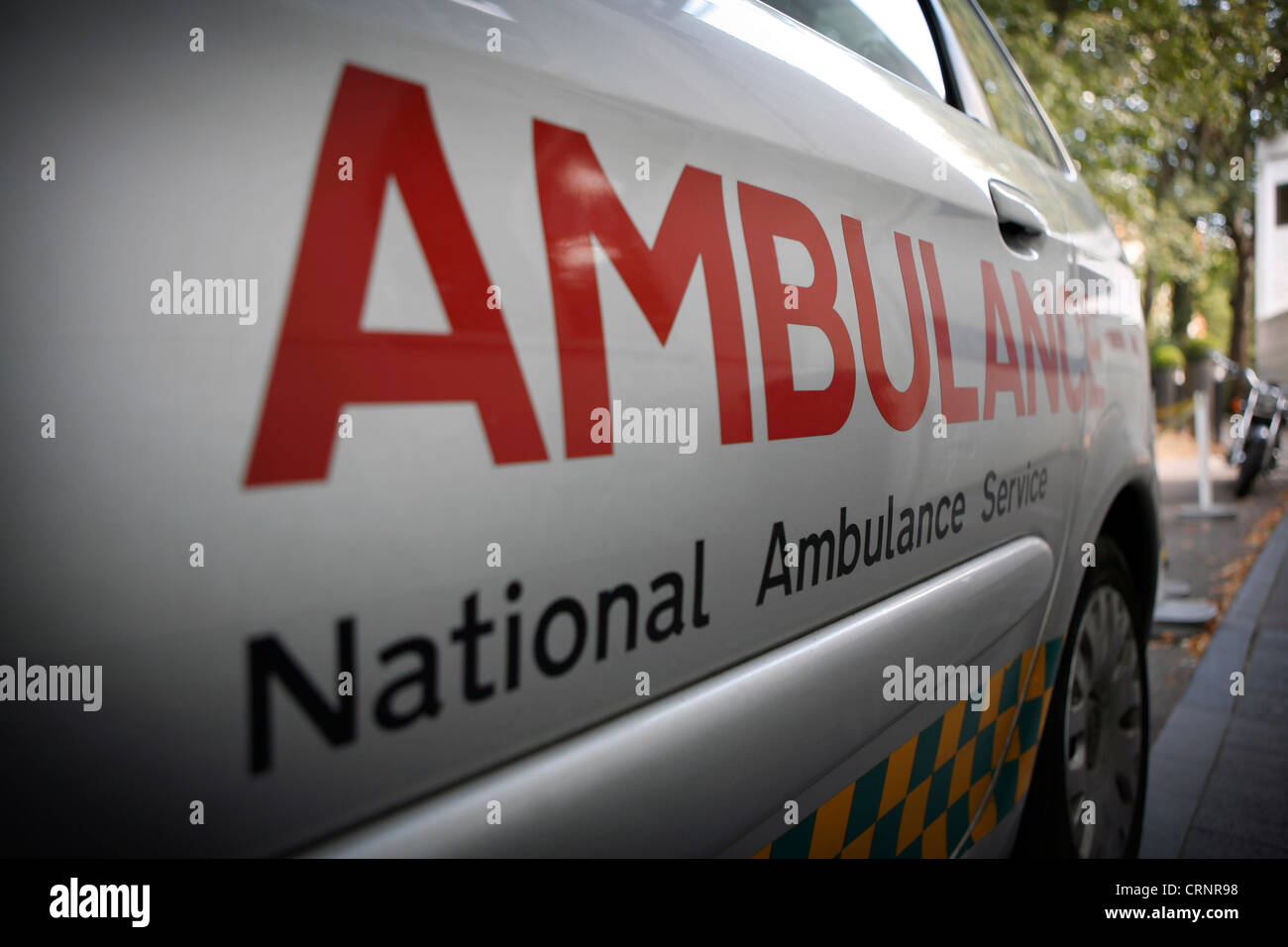 Close up image of the side of a private hospital ambulance. Stock Photo