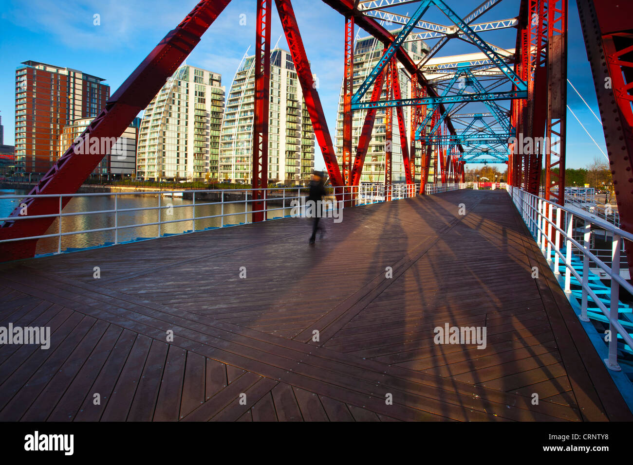 NV buildings and Detroit Bridge over the Manchester Ship Canal in Salford. Stock Photo