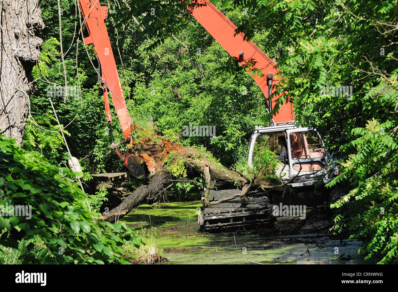 Crane clearing channel debris from an overgrown canal off the Fox River