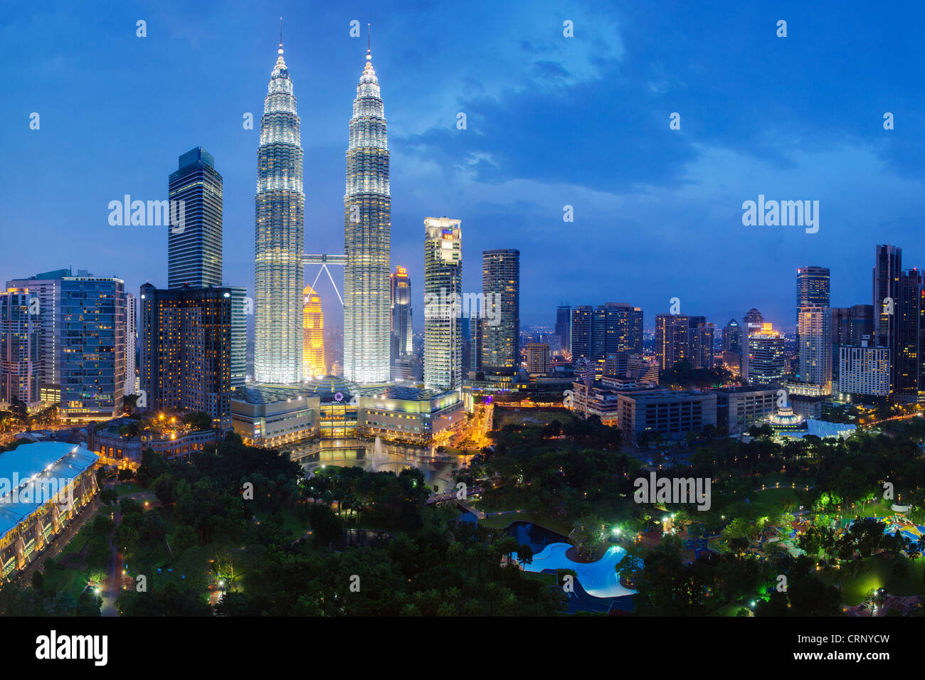 Elevated night view of the Petronas Twin Towers, Kuala Lumpur, Malaysia, Asia Stock Photo