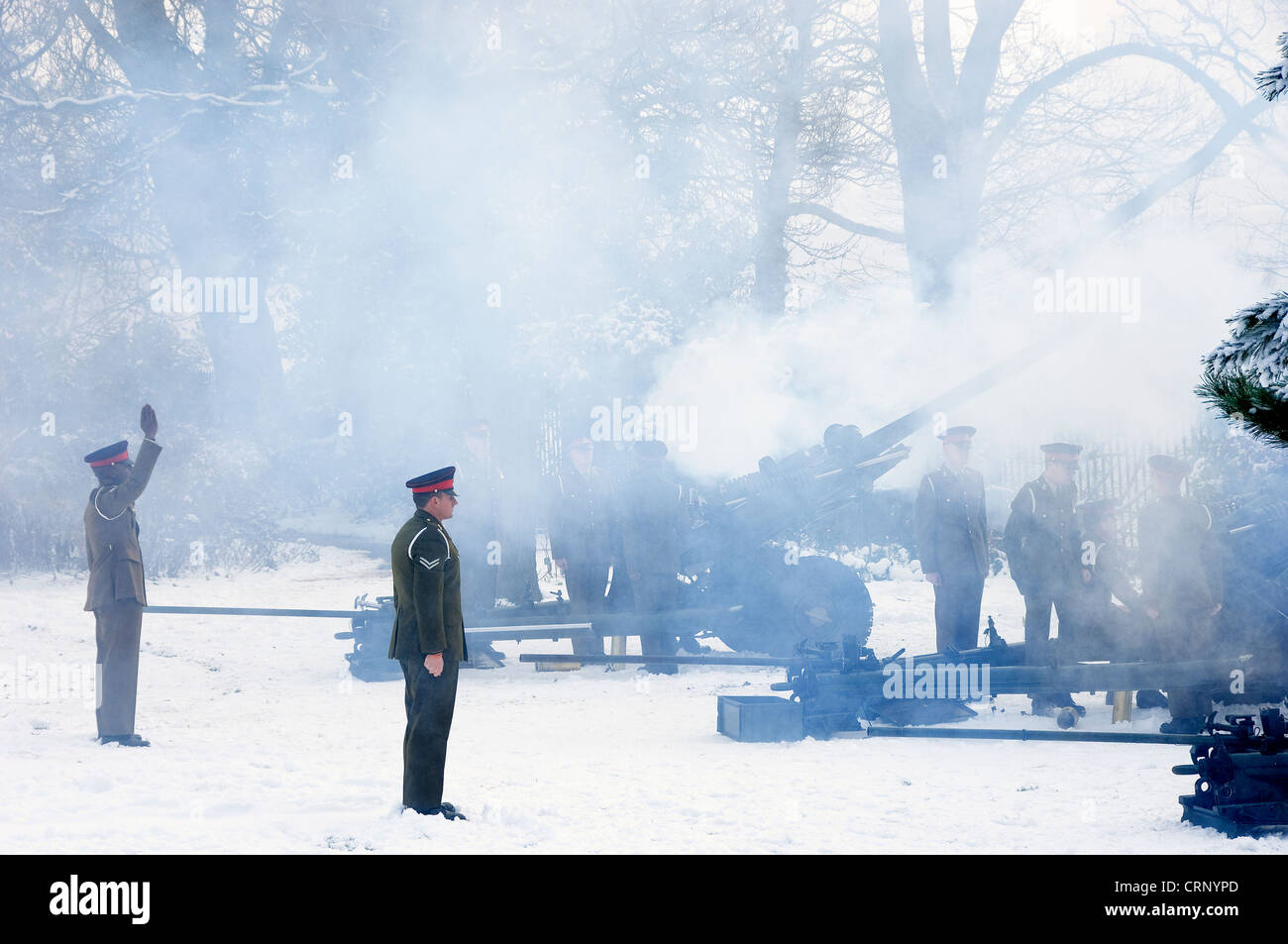 21 gun salute in Museum Gardens by 35 Battery 39 Regiment Royal Artillery to celebrate the Diamond Jubilee of Queen Elizabeth II Stock Photo