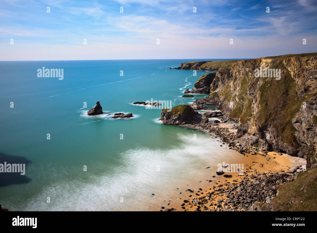 Rugged Cornish coastline at Bedruthan Steps named after a mythological giant 'Bedruthan' who was said to have used rock stacks o Stock Photo