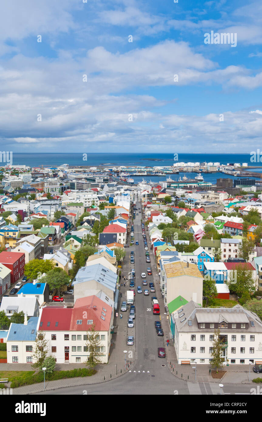 Reykjavik city centre and Faxafloi bay from Hallgrimskirkja Iceland Stock Photo