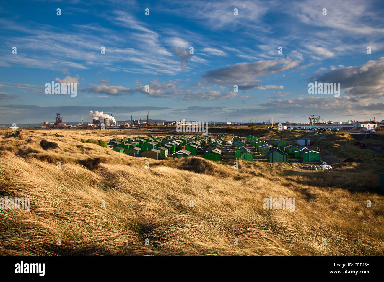 Steel Works and fishermans huts at South Gare. Stock Photo