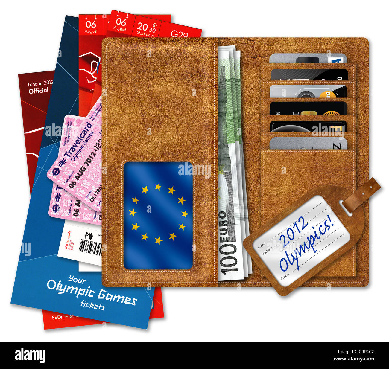 Olympic tickets & documents on wallet with Euros & credit cards, a picture of the Euro Flag & 2012 Olympics luggage label. Stock Photo