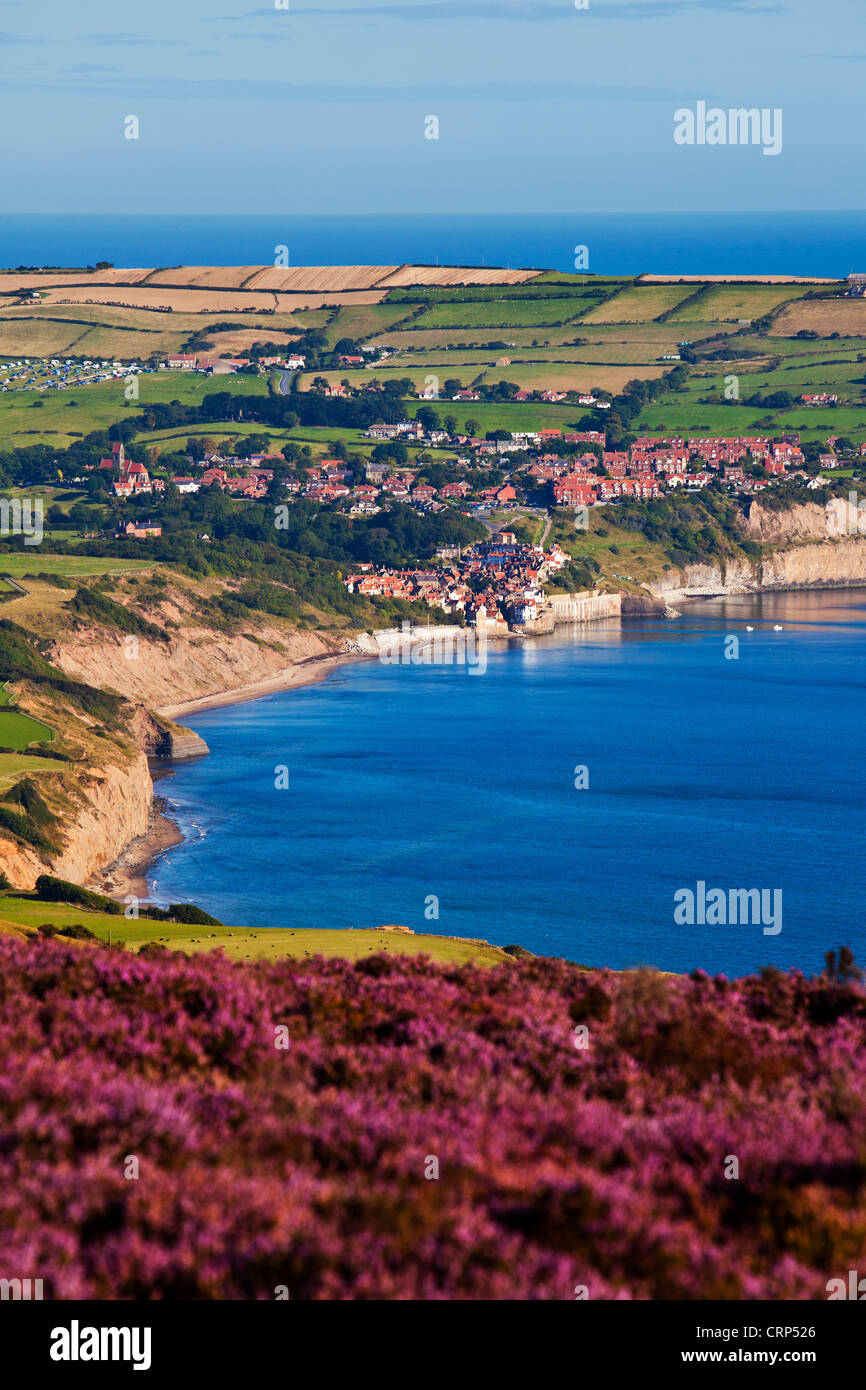 View from the cliffs at Ravenscar towards Robin Hood's Bay in the North York Moors National Park. Stock Photo