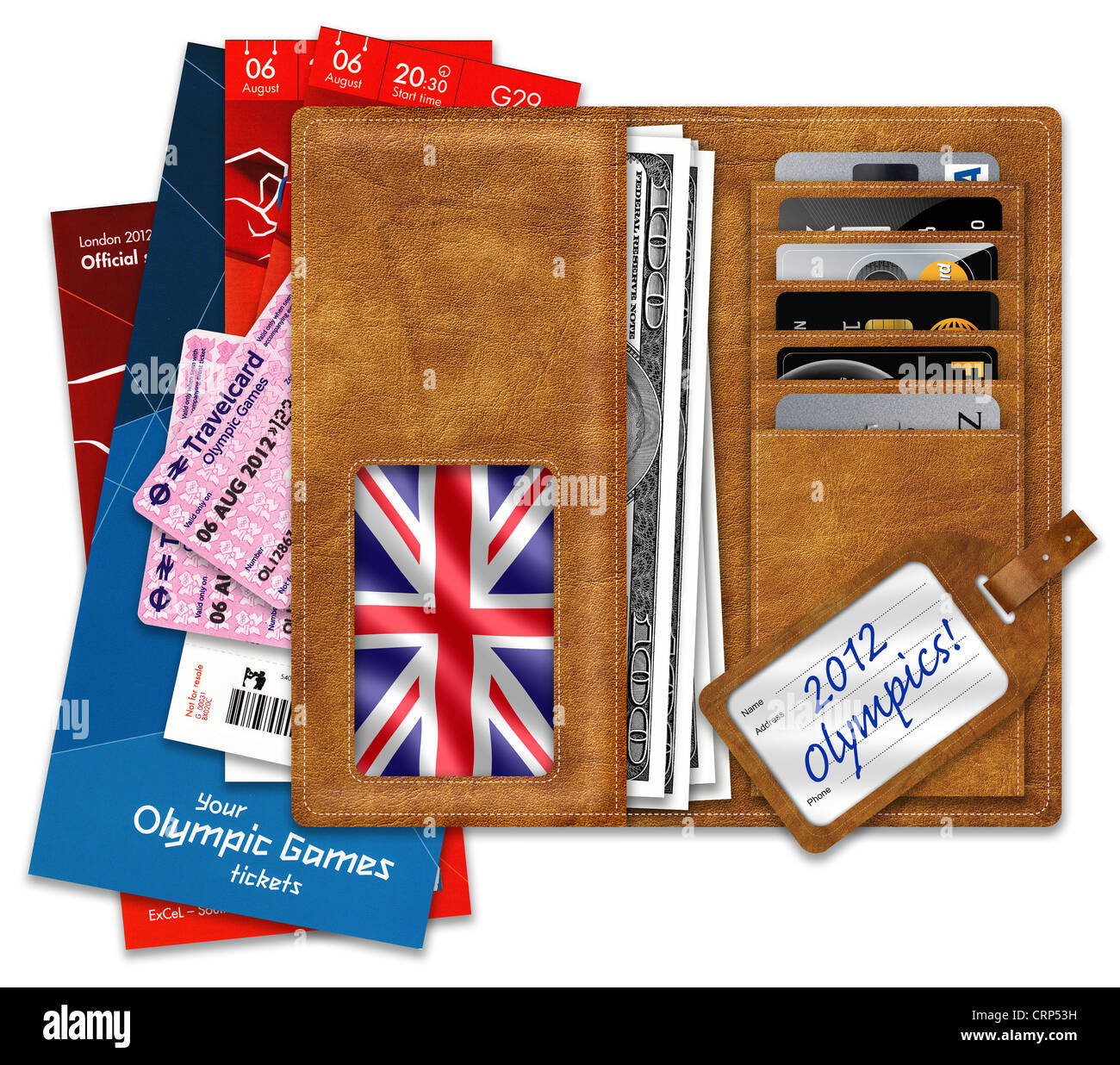 Olympic tickets & documents on wallet with US Dollars & credit cards, a picture of the UK Flag & 2012 Olympics luggage label. Stock Photo
