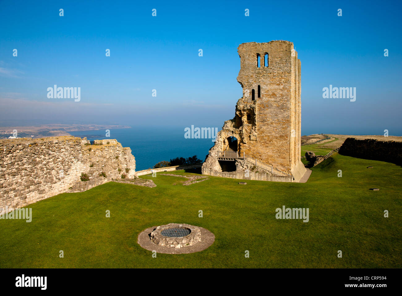 The remains of Scarborough Castle's Norman Keep, high on a rocky promontory overlooking the North Sea. Stock Photo