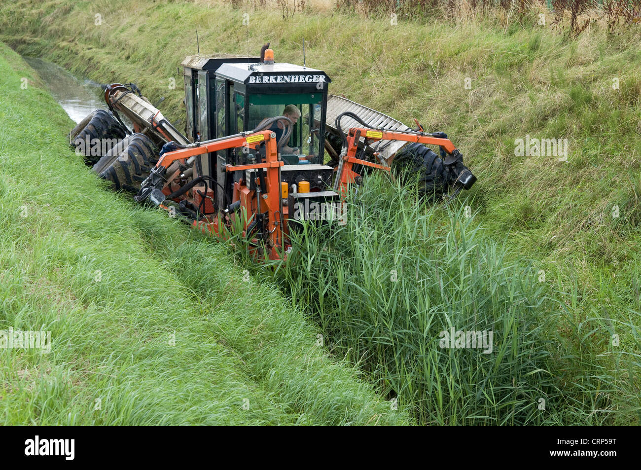 Countryside management, Berkenheger reed cutting machine working in dyke, Norfolk, England