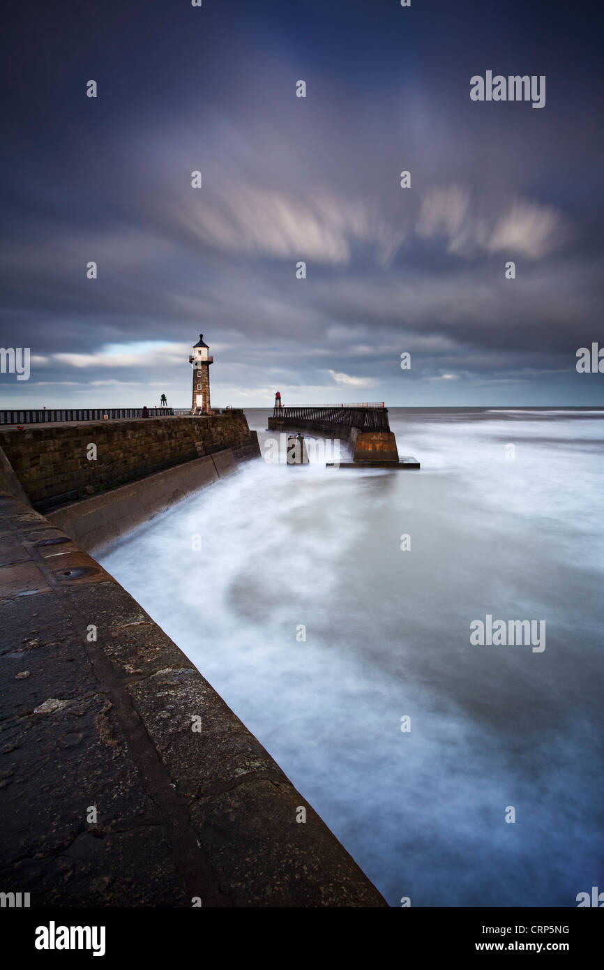 Whitby East Pier Light (Old), built in 1854 at the end of the East pier. Whitby East Pier Light (New) is sited at the end of the Stock Photo