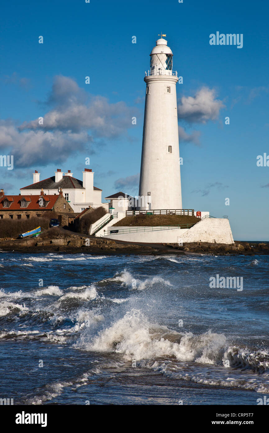 St. Mary's Lighthouse on the tidal island of St. Mary's. The lighthouse opened in 1898 and was in service until 1984. Stock Photo