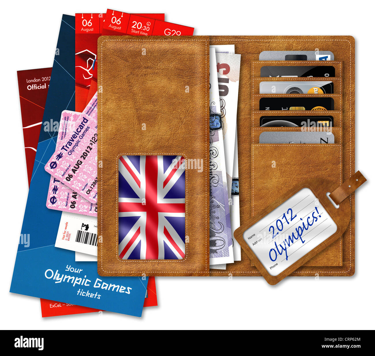 Olympic tickets & documents on wallet with UK Pounds & credit cards, a picture of the UK Flag & 2012 Olympics luggage label. Stock Photo
