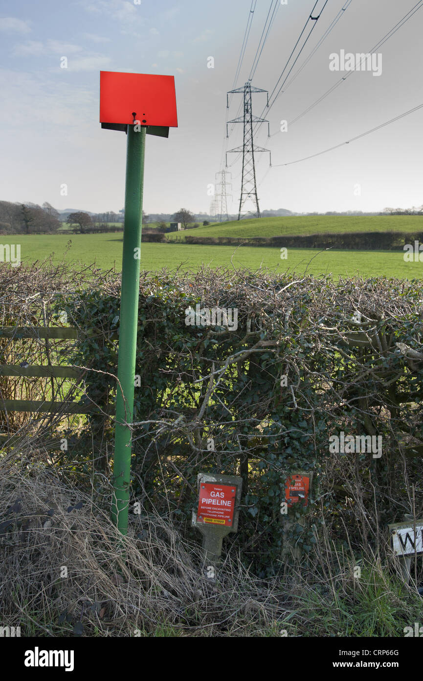 Gas pipeline marker in farmland, Street, Lancaster, Lancashire, England