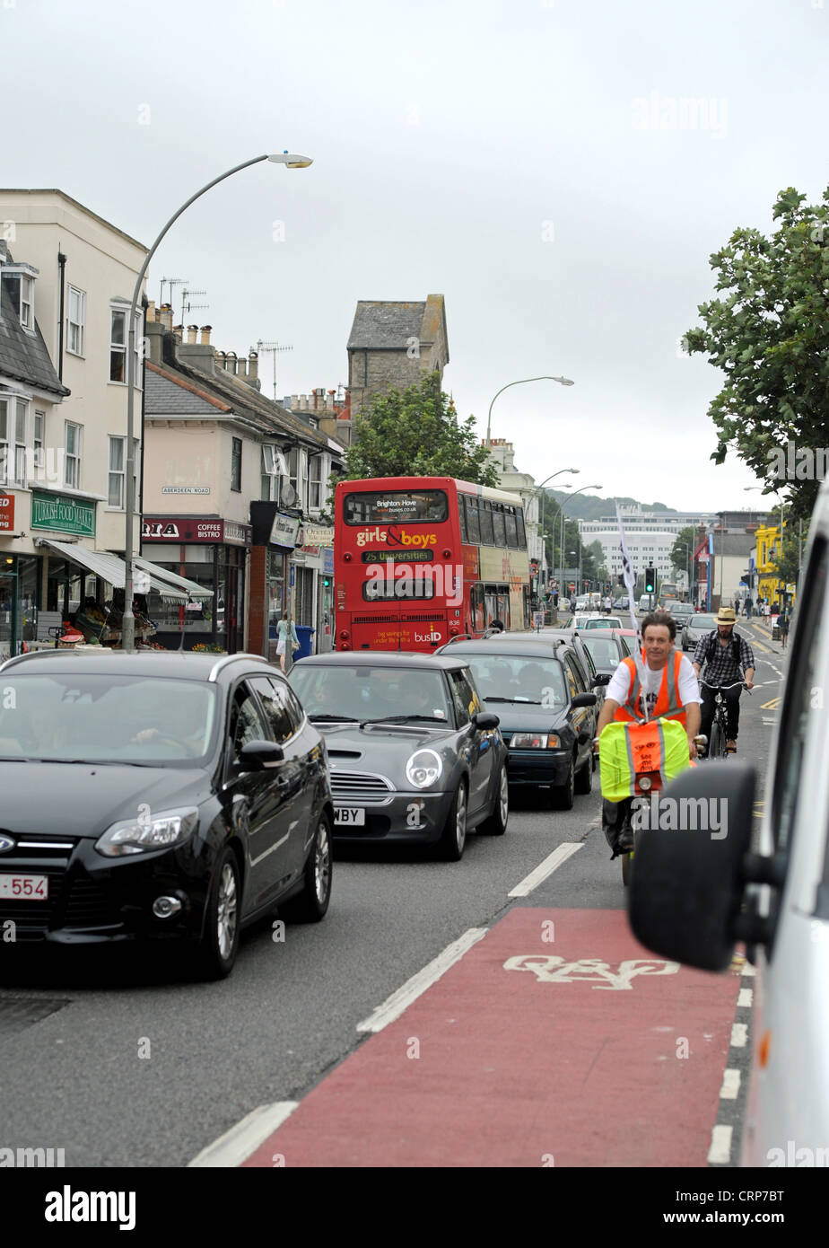 Brighton UK Traffic including cars buses and cyclists in Lewes Road