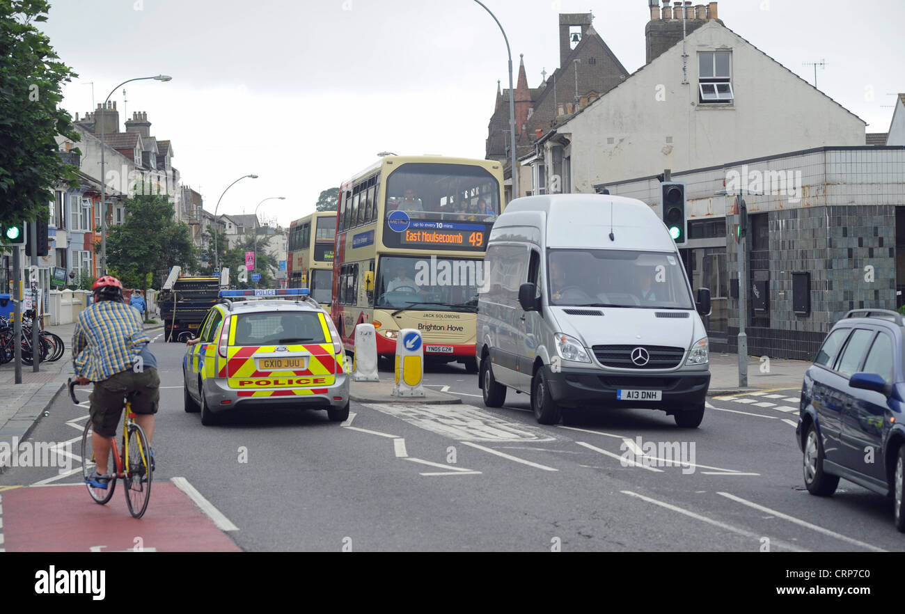 Brighton UK 28 June 2012 -Traffic including cars buses and cyclists in Lewes Road Brighton Stock Photo