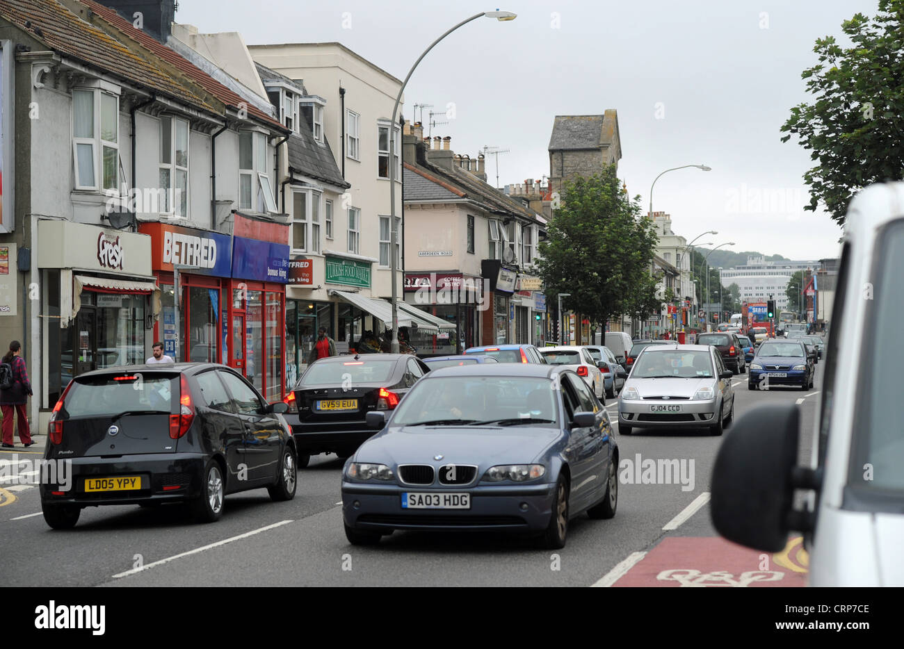 Brighton UK -Traffic including cars buses and cyclists in Lewes Road Brighton Stock Photo