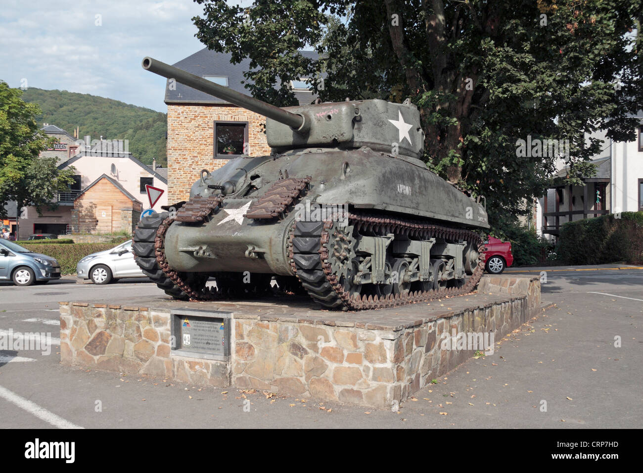 A M4A1 Sherman tank on display in Roche en Ardenne, Wallonia, Belgium. Stock Photo