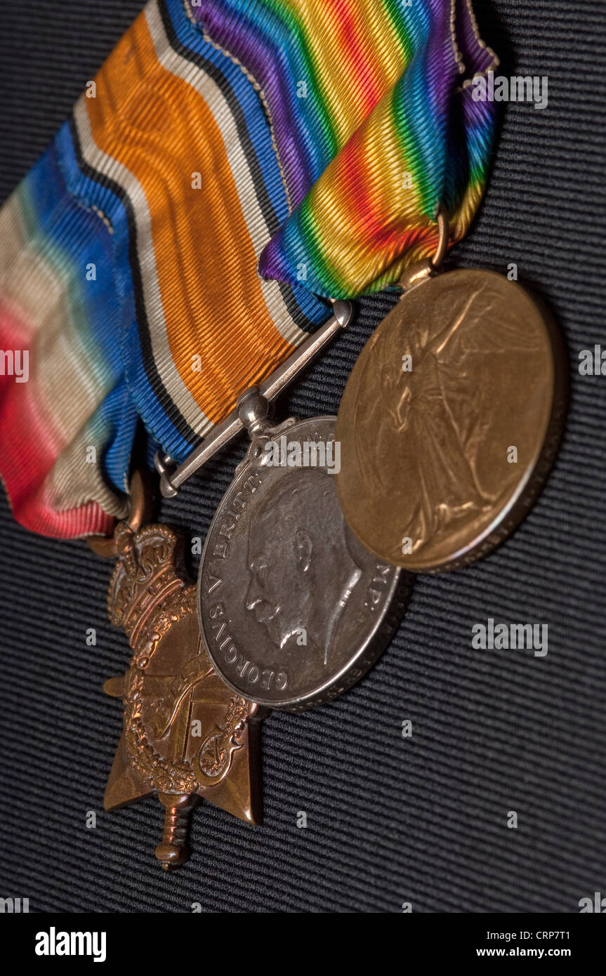 Pip, Squeak and Wilfred are the affectionate names given to the three World War 1 campaign medals, 1914 - 1915 Star, British War Stock Photo
