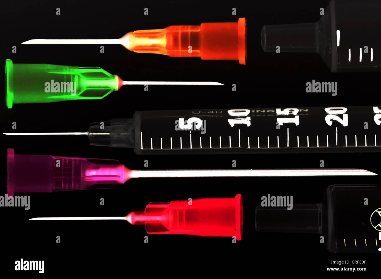 A collection of syringes, injection, needle Stock Photo