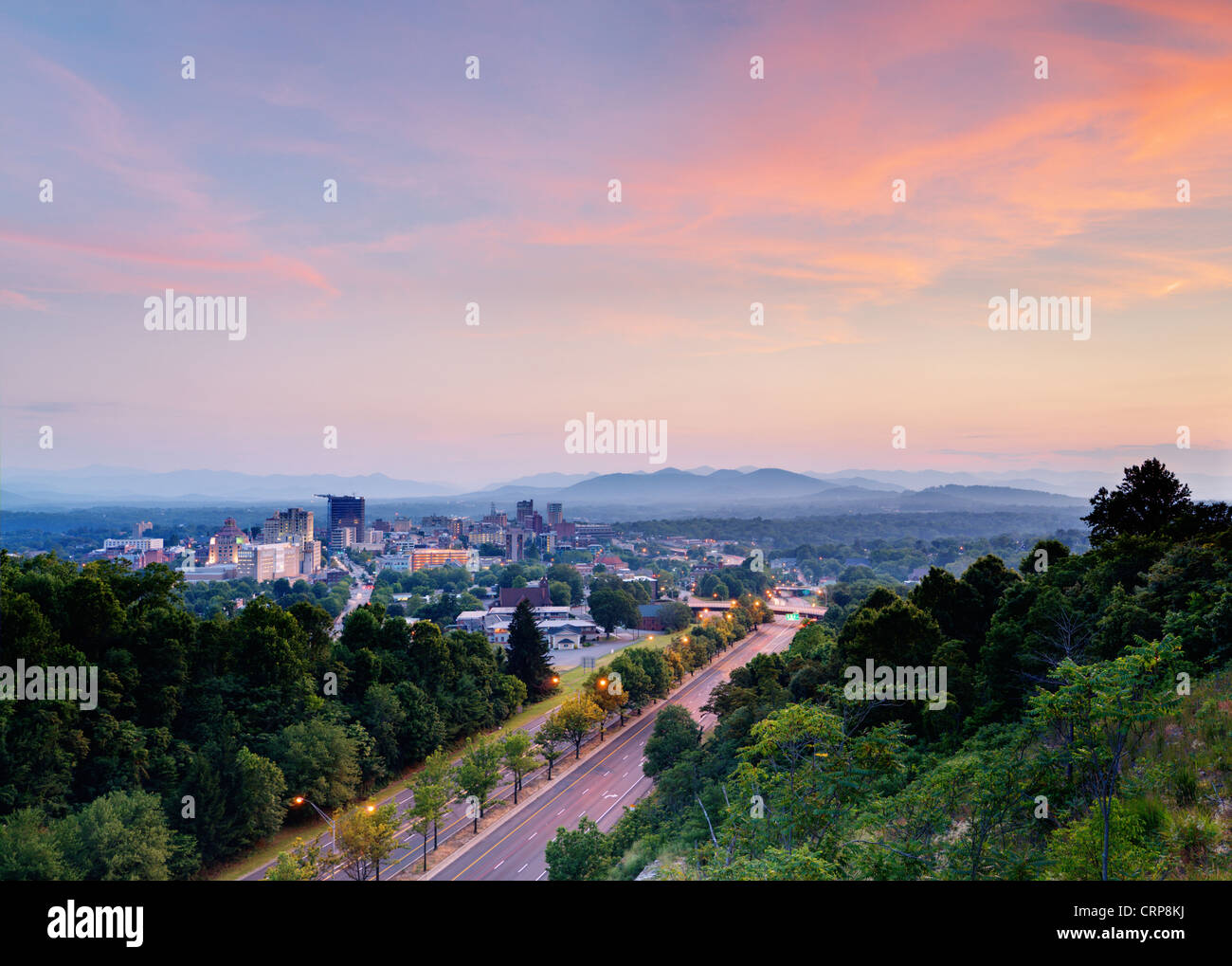 Asheville, North Carolina skyline nestled in the Blue Ridge Mountains. Stock Photo