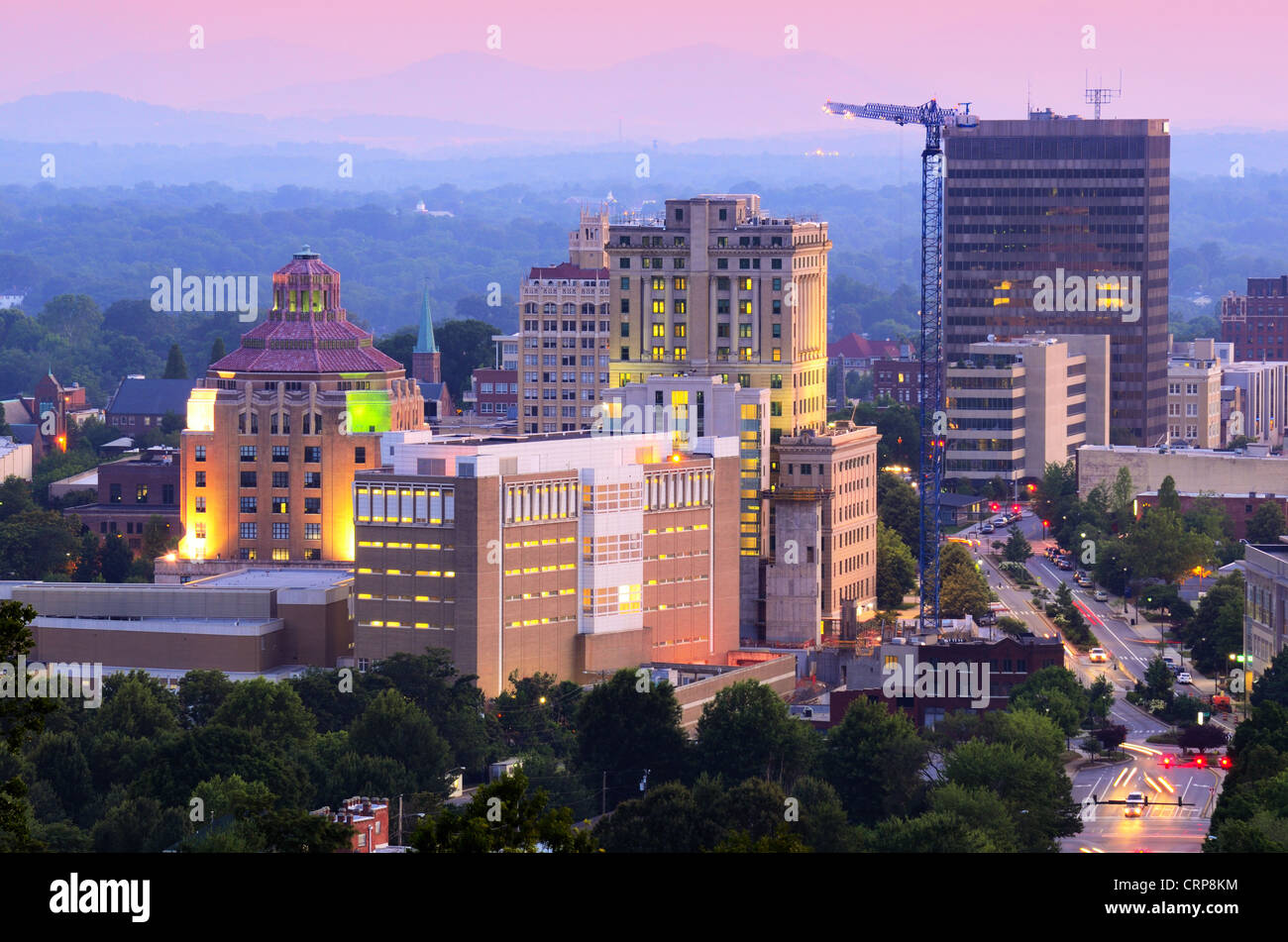 Asheville, North Carolina skyline nestled in the Blue Ridge Mountains. Stock Photo