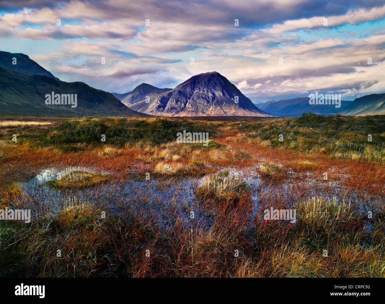 View across Rannoch Moor towards Buachaille Etive Mor, one of the most recognisable mountains in Scotland. Stock Photo