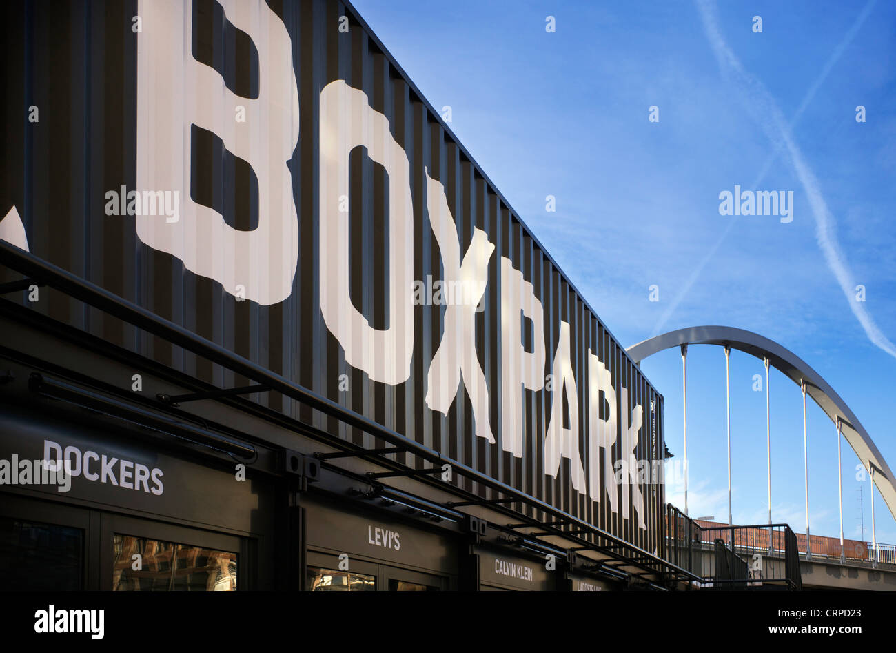 Boxpark in Shoreditch, a pop-up shopping mall formed from shipping containers refitted to create low cost 'box shops'. Stock Photo