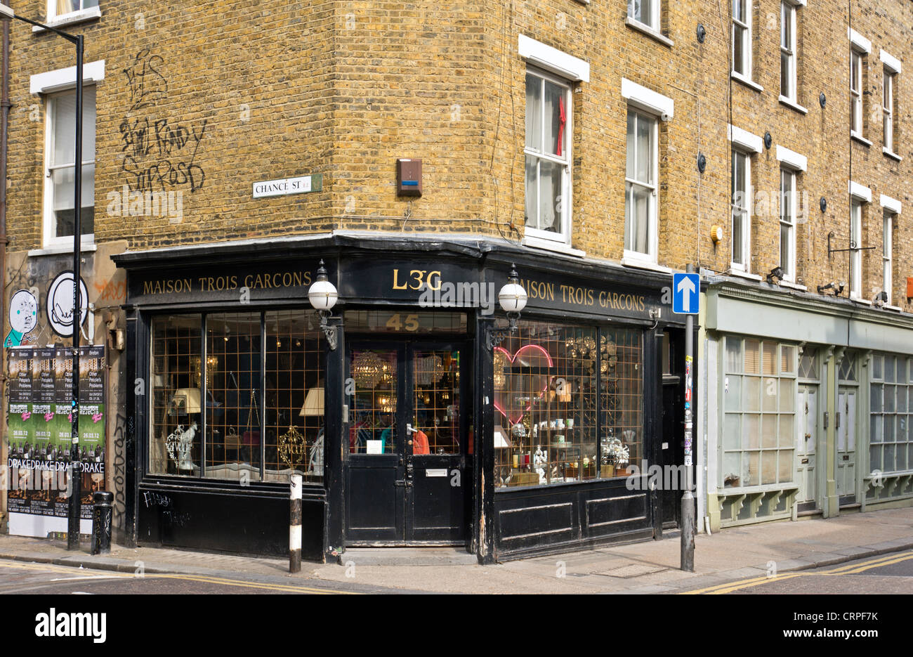 Maison Trois Garcons, a lifestyle shop on the corner of Redchurch Street and Chance Street in the east end of London. Stock Photo