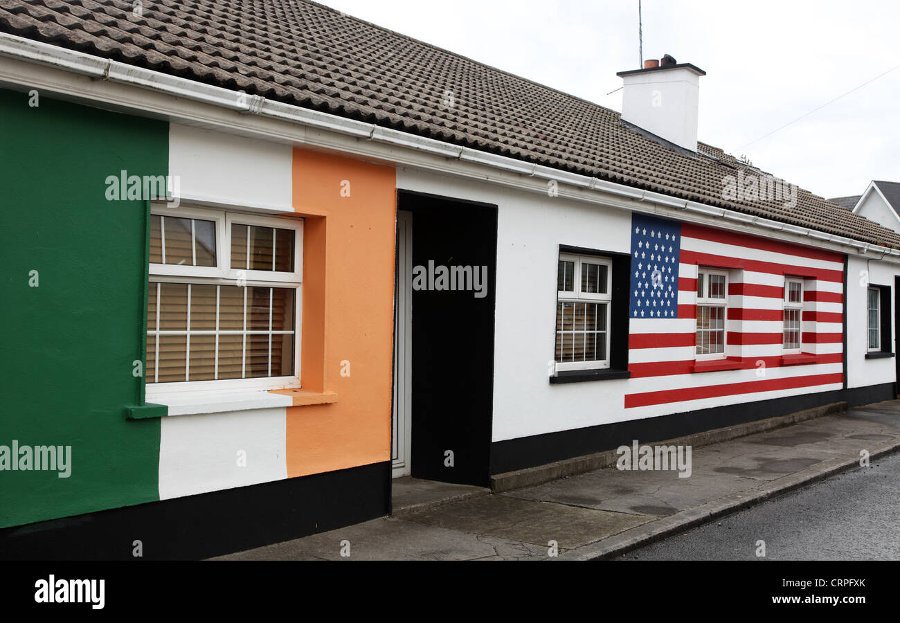 Moneygall house painted with the Stars and Stripes of the US flag and Irish tricolor in celebration of the visit of Barack Obama Stock Photo