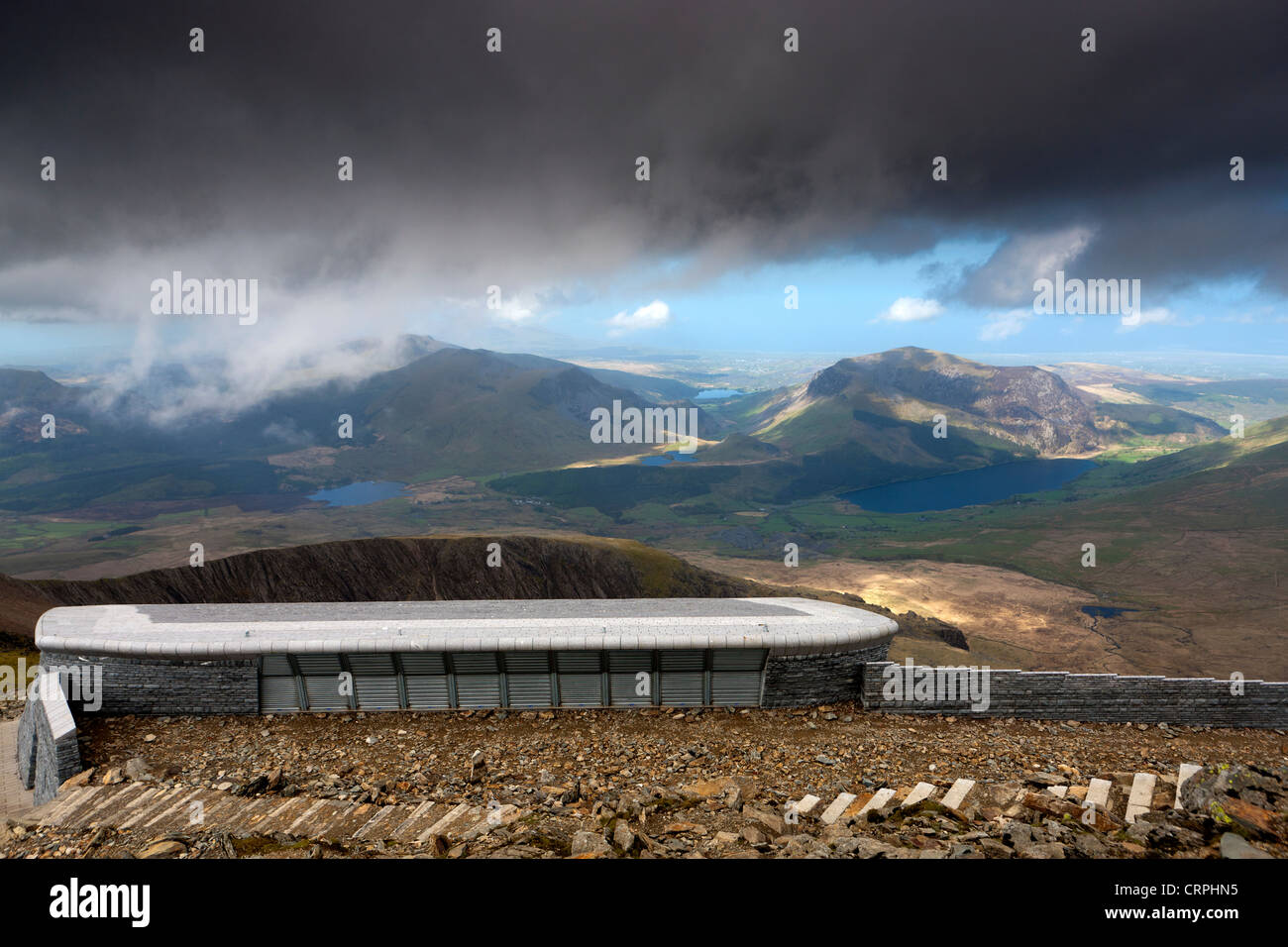 View across Snowdonia from Hafod Eryri, the visitor centre at the summit of Snowdon. Stock Photo