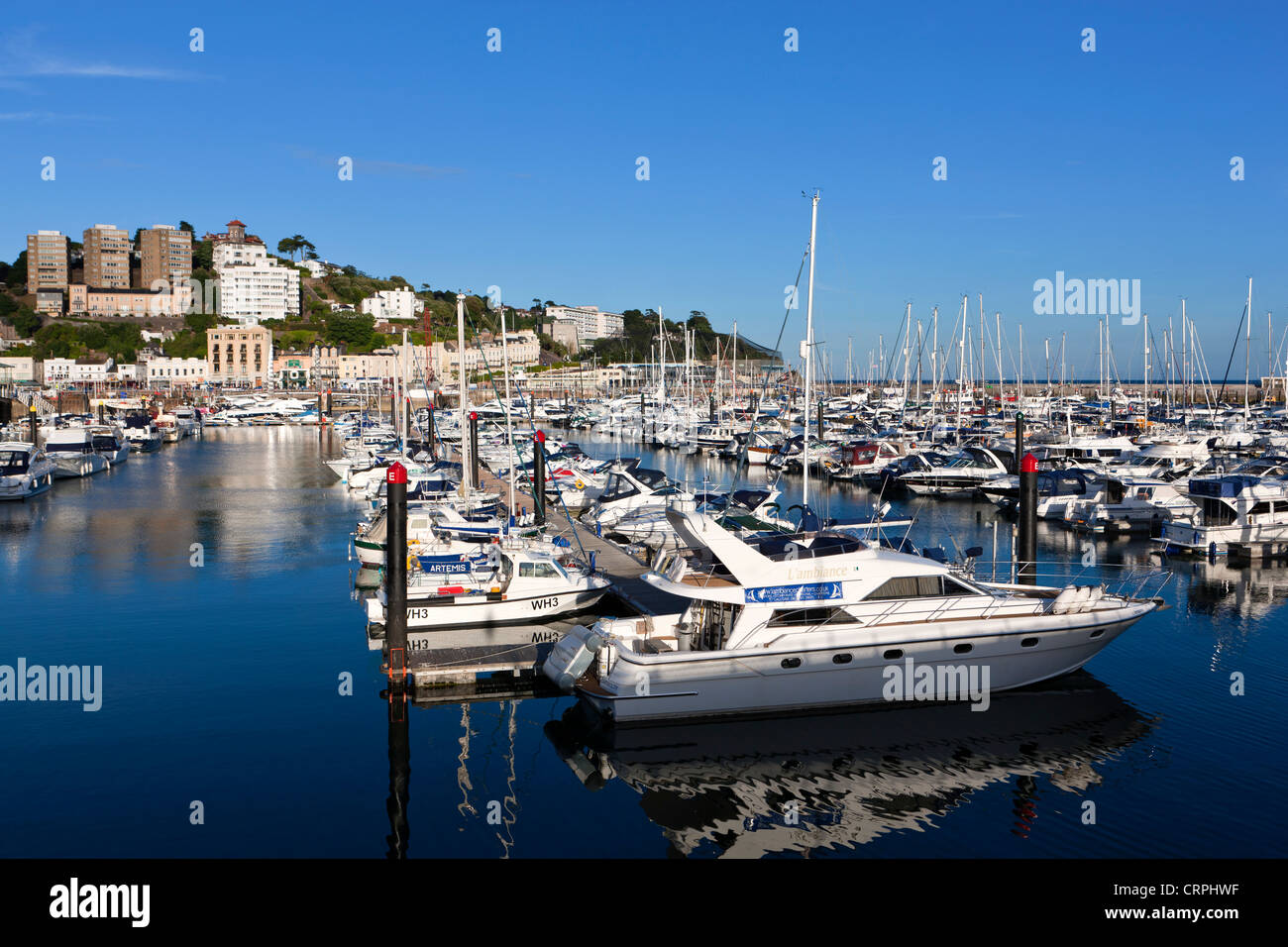 Boats moored in Torquay harbour on the North shore of Tor Bay. Stock Photo