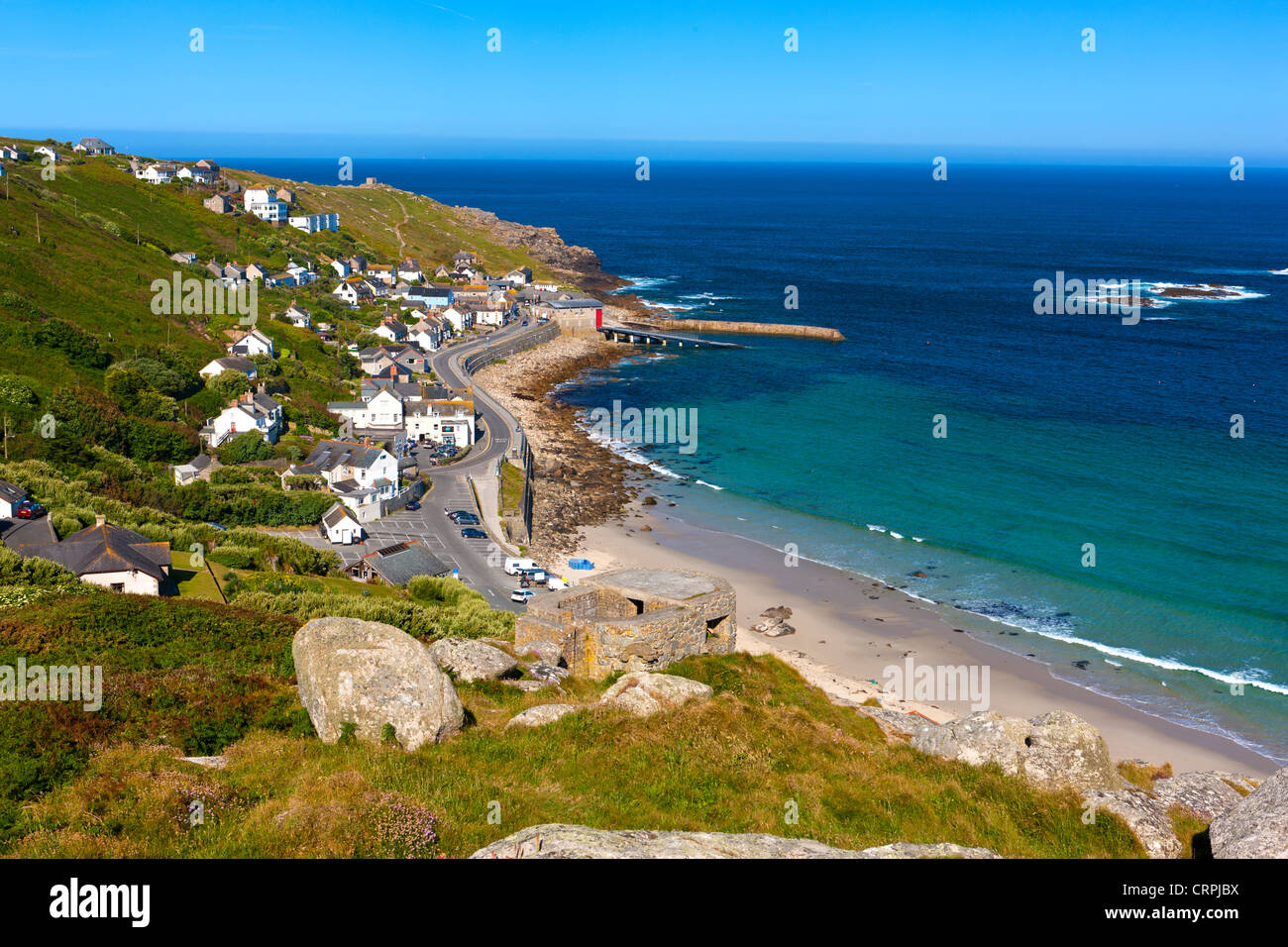 View over Sennen Cove on the Penwith peninsula. Stock Photo