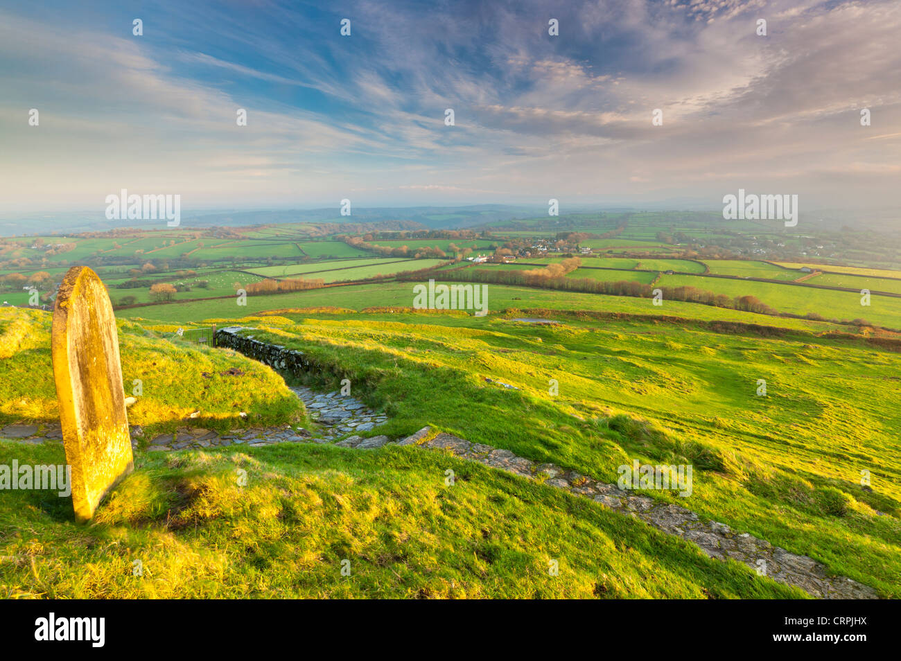 View from the Church of St Michael on top of Brent Tor over the rural Dartmoor landscape. Stock Photo