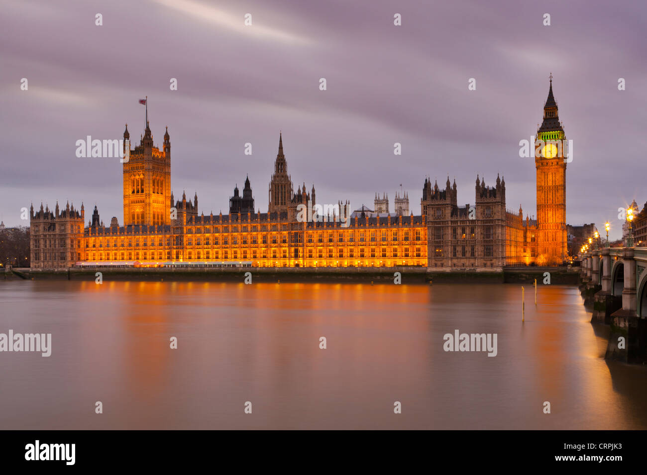 Big Ben and the Houses of Parliament on the North bank of the River Thames. Stock Photo