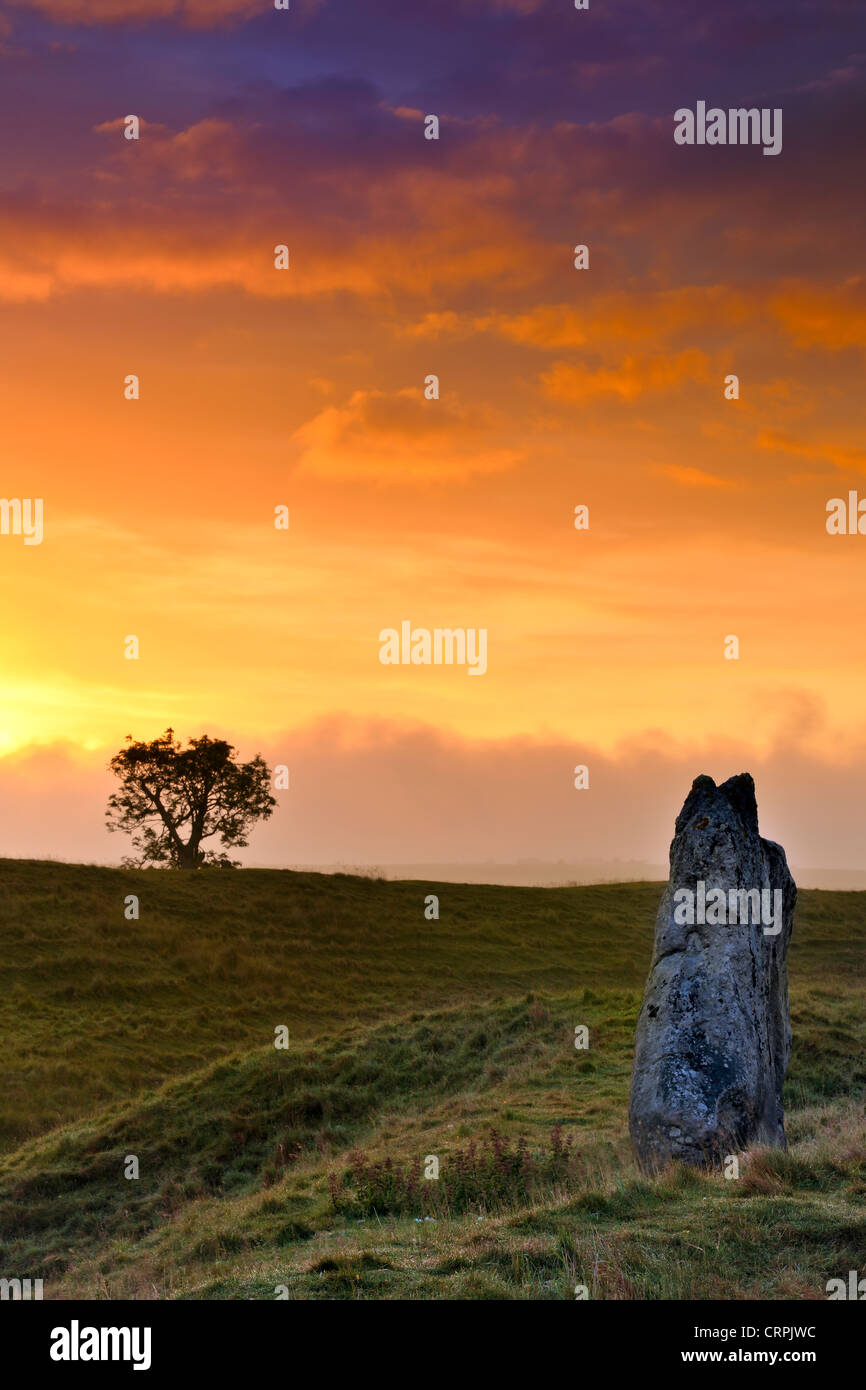 Dawn over a standing stone, part of the Avebury ring, the oldest stone