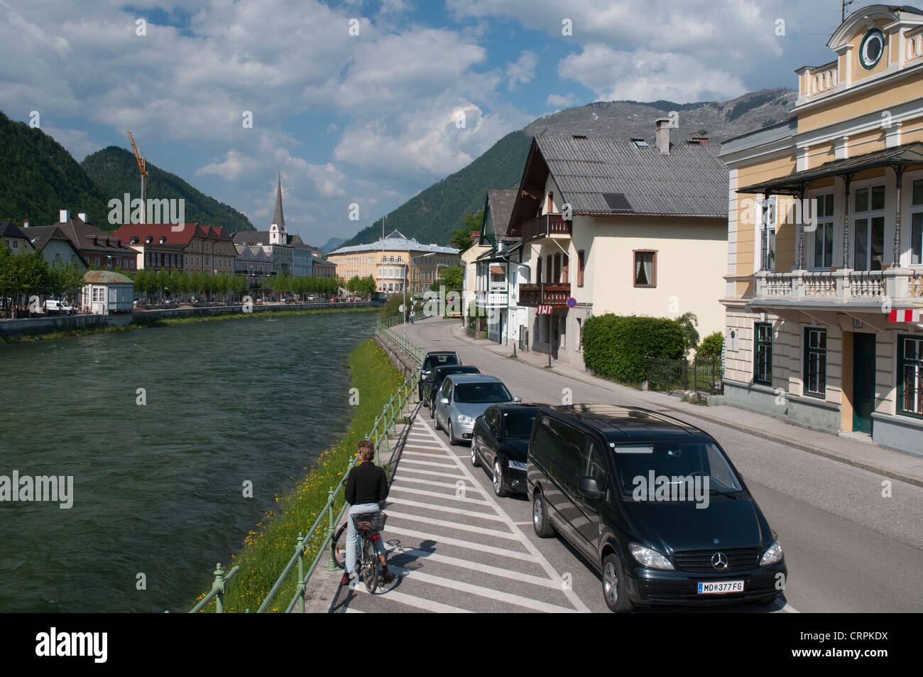 Street scene at the spa town of Bad Ischl, beside the Traun River in