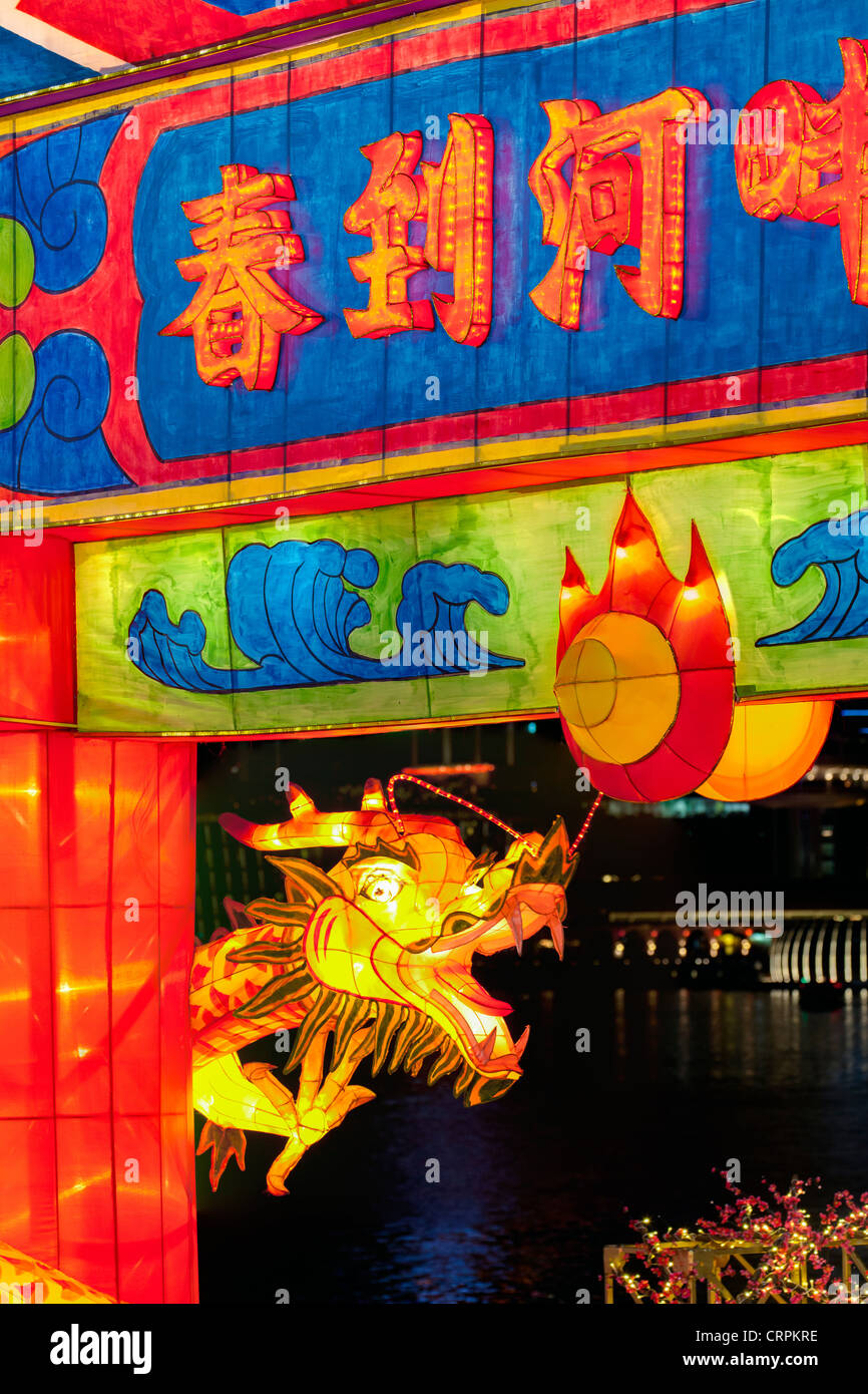 Chinese Dragon at the River Hongbao decorations for Chinese New Year celebrations at Marina Bay, Singapore Stock Photo