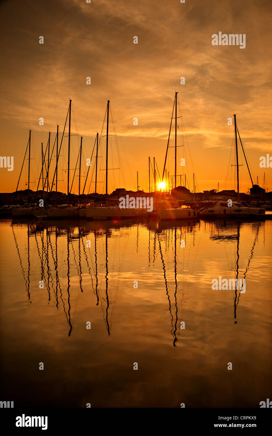 Sunset at the marina in Lefkada (or 'Lefkas') town, Lefkada island, Ionian Sea, Eptanisa ('Seven Islands'), Greece Stock Photo