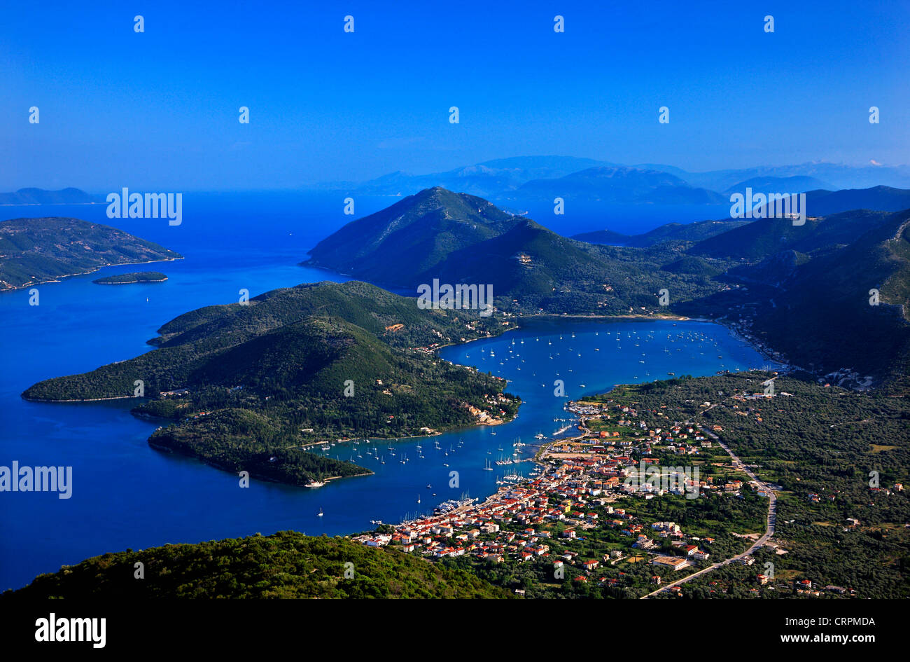 Panoramic view of Vlychos bay and Nydri town from Skaroi mountain ...