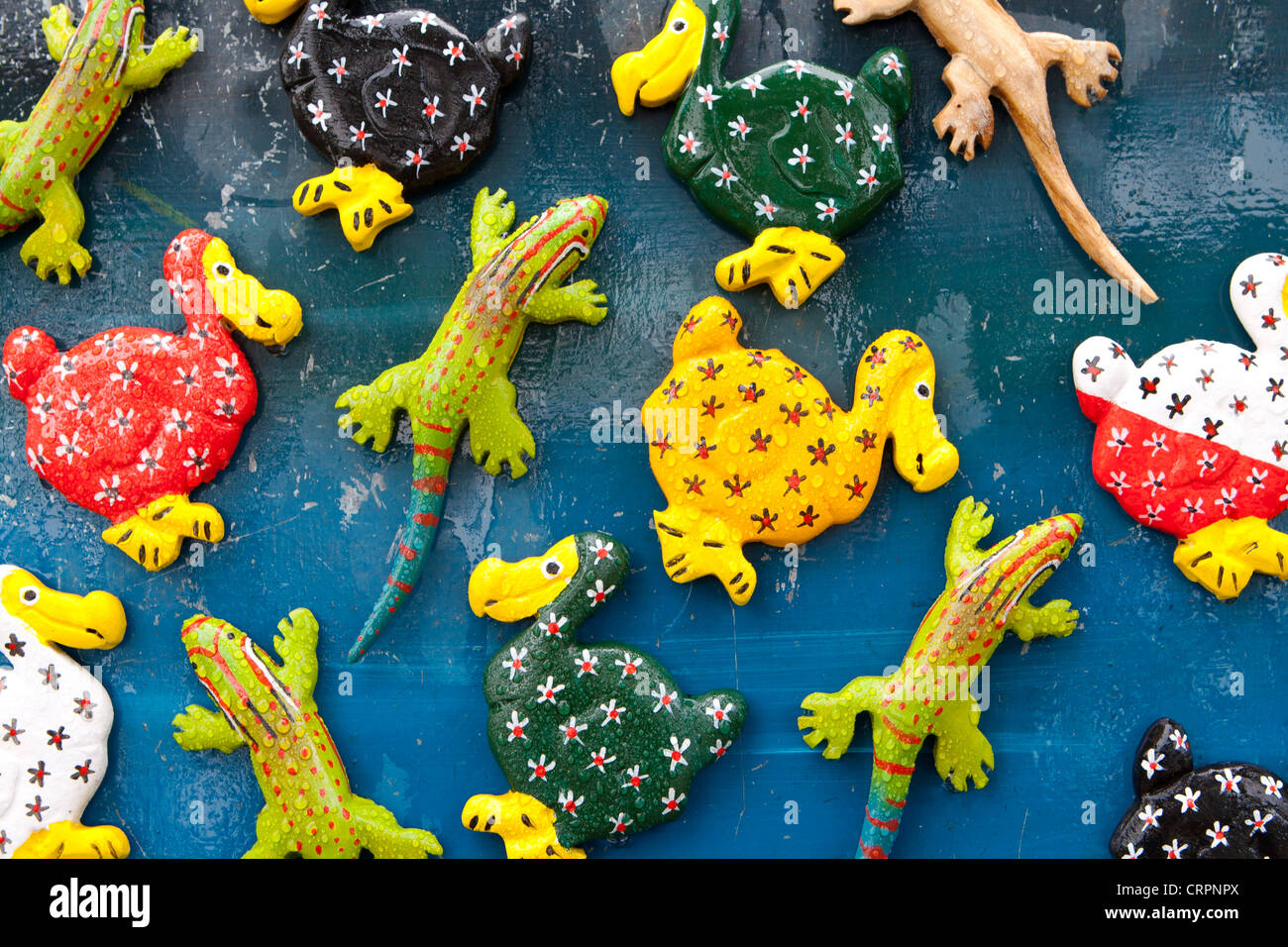 Dodo and lizard fridge magnets for sale, Black River Gorges National Park, Plaines Wilhems, Mauritius Stock Photo